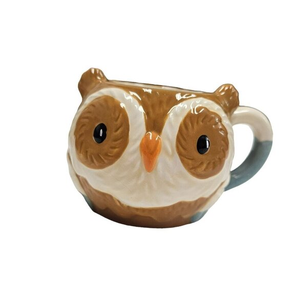 Earthenware Ceramic 3D Hand-Painted Coffee Cup Owl Shape Blue & White Handle - Picture 6 of 13